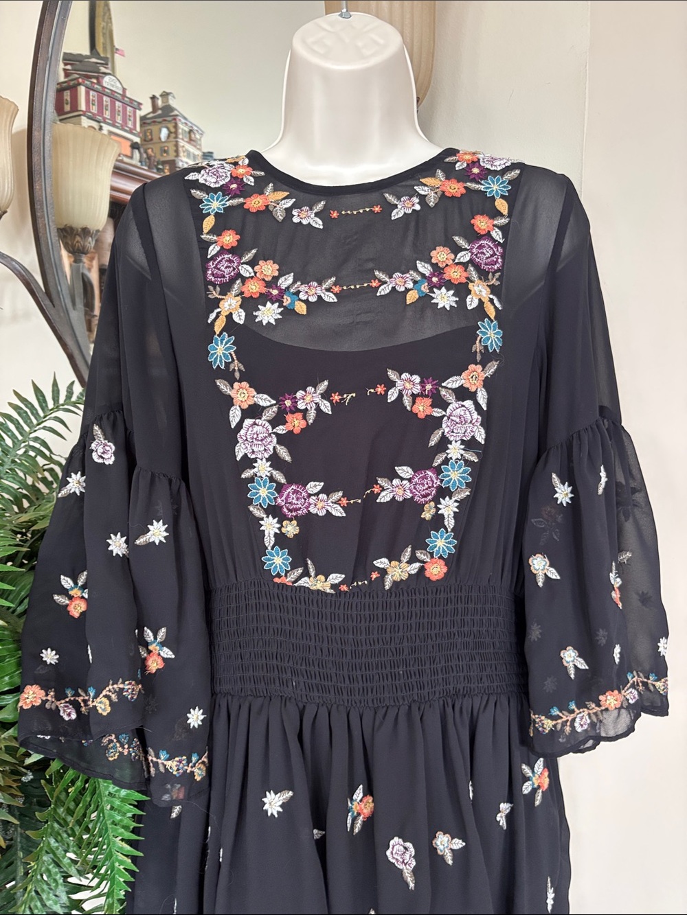 Maeve Anthropologie Black Floral Embroidered Layered Sheer Ruffle Mini Dress - Picture 3 of 15